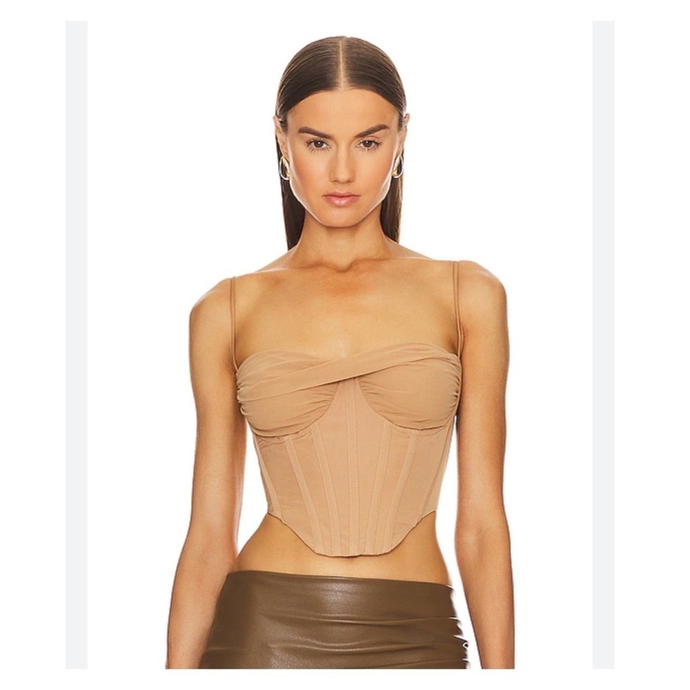 Bardot Tan Mesh Corset Top XL US 10 Nude Boned Bustier Adjustable Straps